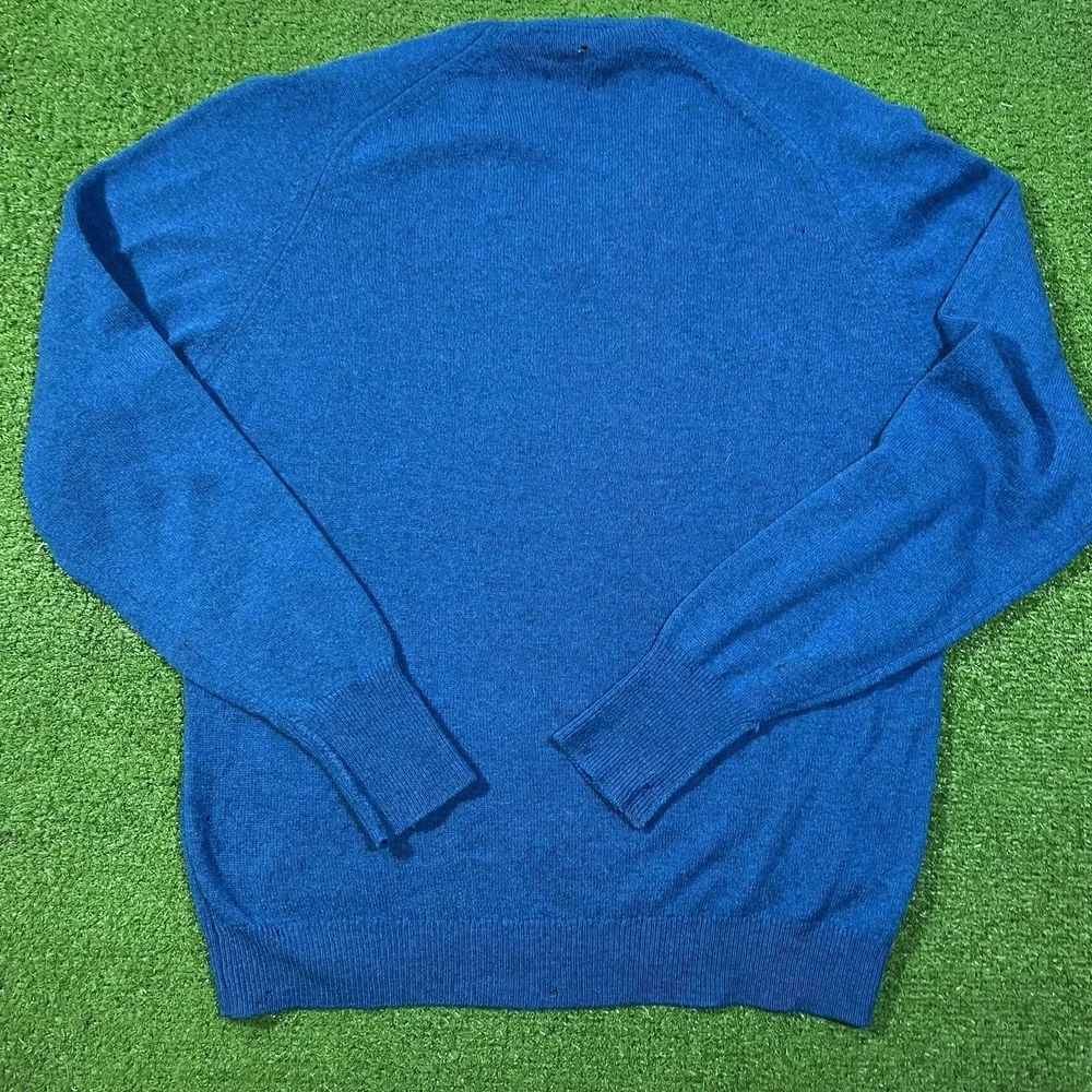 Vintage 50s Designer Sweater LG Lambs Wool Sweater Teal Blue Henley House Flaw